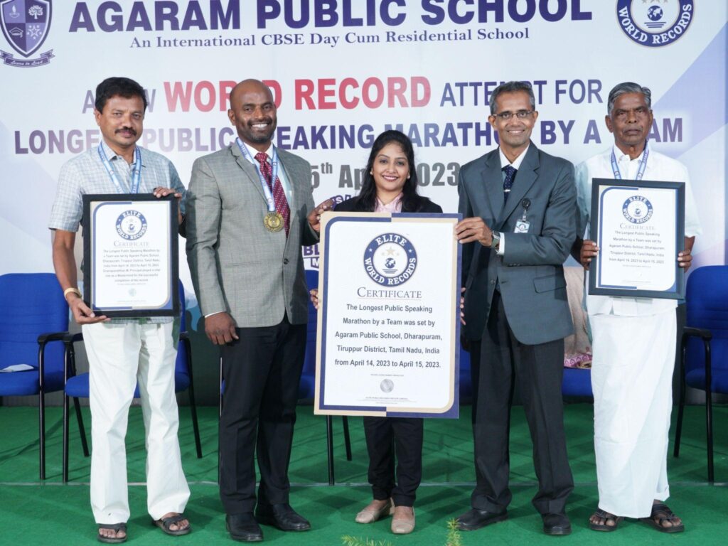 Agaram Public School has set an Elite World Record in Public Speaking Marathon with 257 Participants for 28 Hours 4 Minutes 25 Seconds