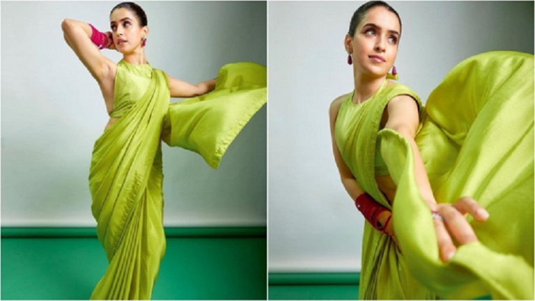 Sanya Malhotra looks gorgeous in a backless blouse and lime green saree, try this look for Navratri